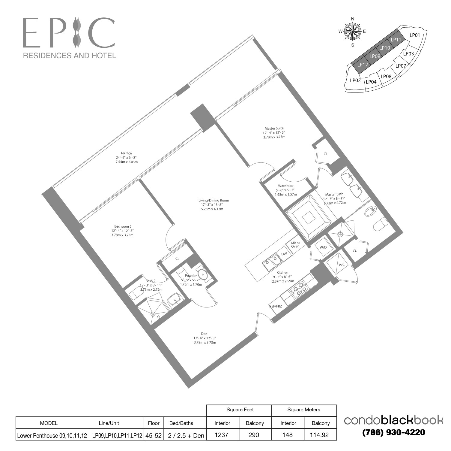 Floor plan for Epic Downtown Miami Miami, model Lower Penthouse 09,10,11,12, line LP09,09,LP10,10,LP11,11,LP12,12, 2 / 2.5 + Den bedrooms, 1237 sq ft