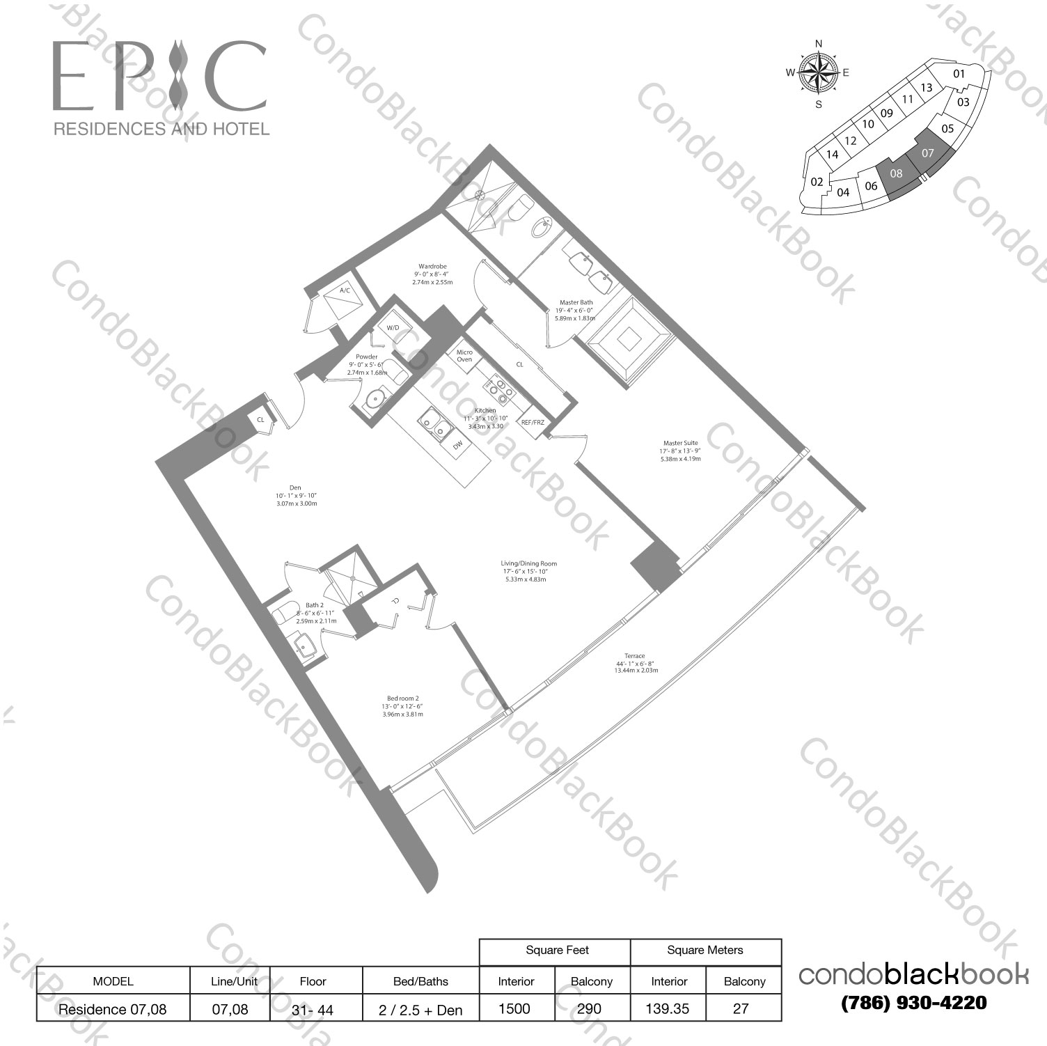 Floor plan for Epic Downtown Miami Miami, model Residence 07,08, line 07,08, 2 / 2.5 + Den bedrooms, 1500 sq ft