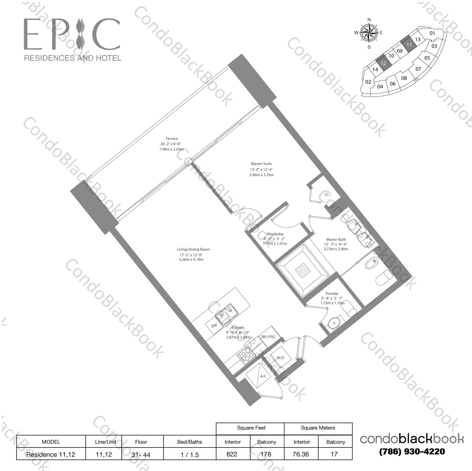 Floor plan for Epic Downtown Miami Miami, model Residence 07,08, line 07,08, 2 / 2.5 + Den bedrooms, 1598 sq ft