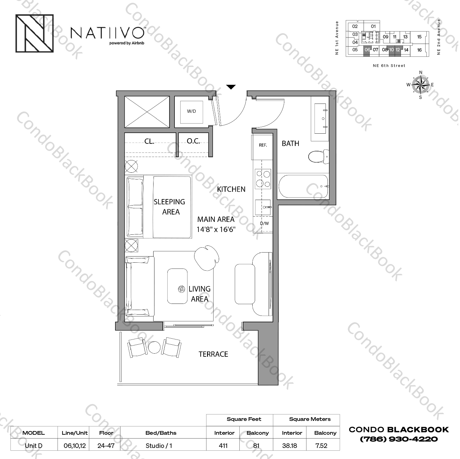 Floor plan for Gale Miami Hotel & Residences Downtown Miami Miami, model Unit D, line 06,10,12, Studio / 1 bedrooms, 411 sq ft