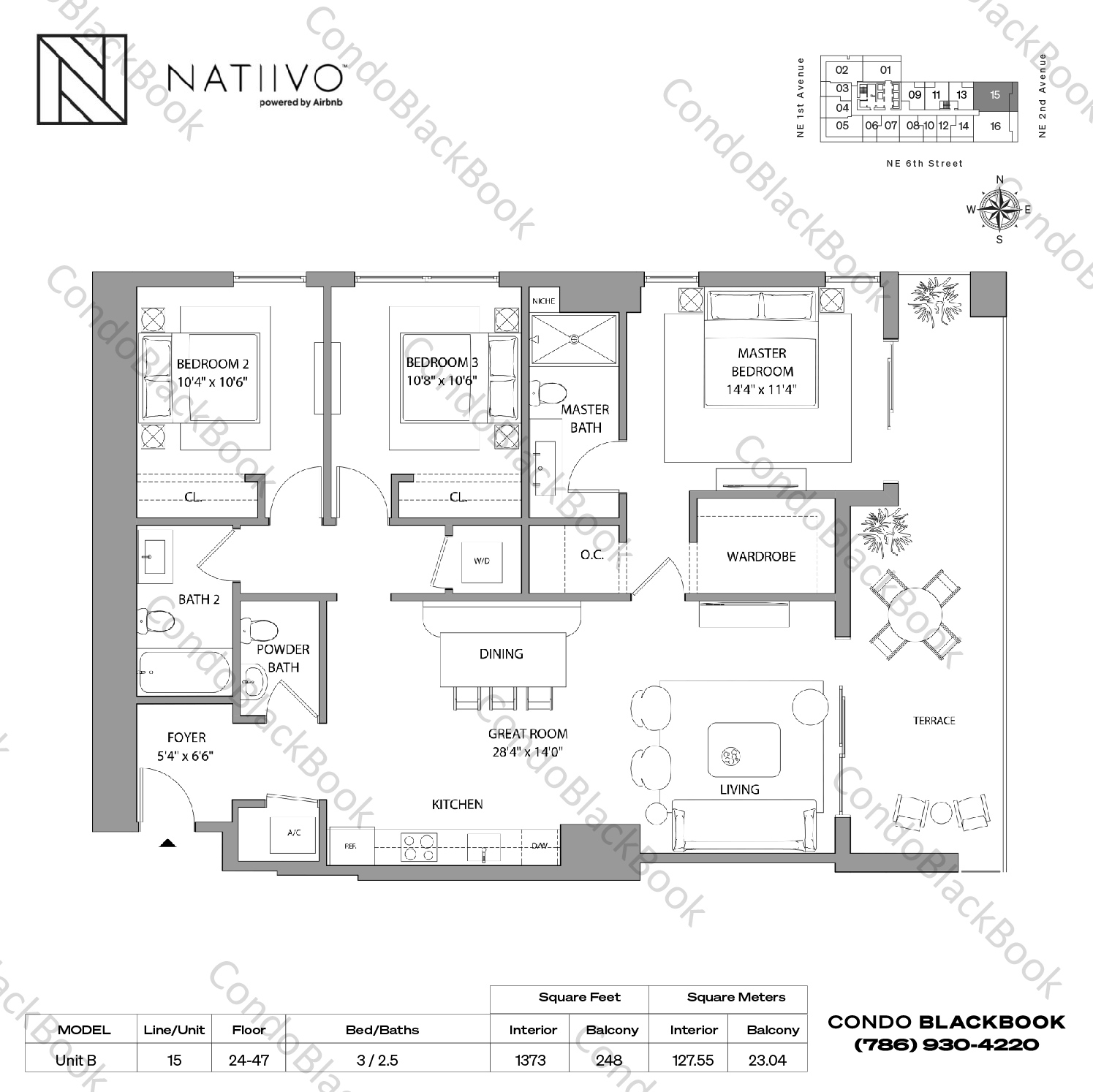 Floor plan for Gale Miami Hotel & Residences Downtown Miami Miami, model Unit B, line 15, 3 / 2.5 bedrooms, 1373 sq ft