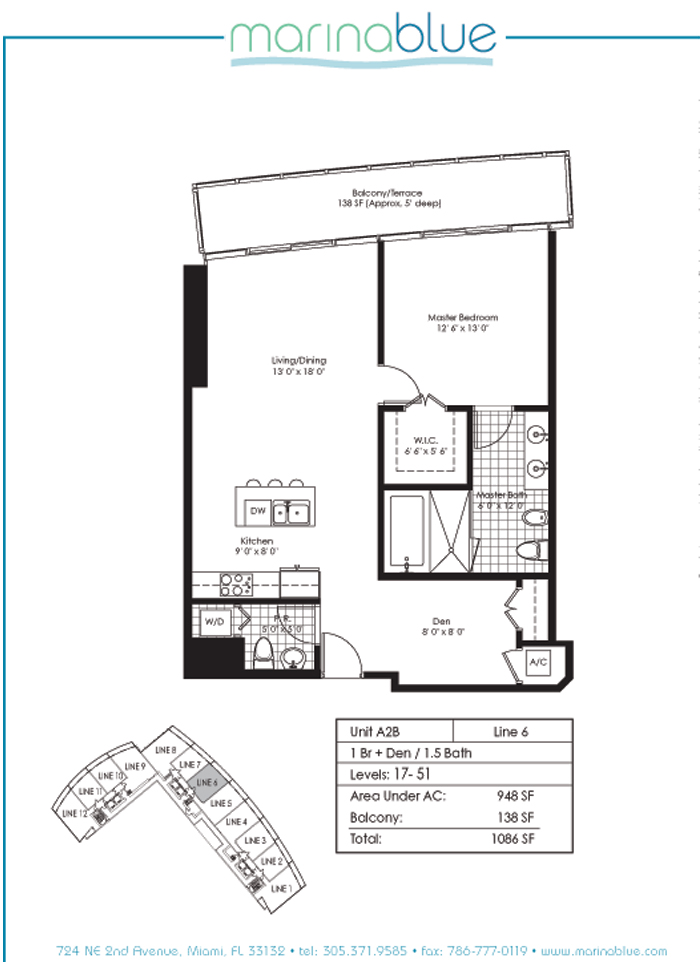 Floor plan for Marina Blue Downtown Miami Miami, model A2B, line 06, 1/1.5 + Den bedrooms, 948 sq ft