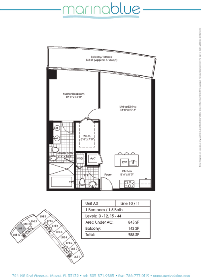Floor plan for Marina Blue Downtown Miami Miami, model A3, line 10,11, 1/1.5 bedrooms, 845 sq ft
