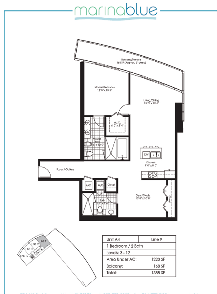 Floor plan for Marina Blue Downtown Miami Miami, model A4, line 09, 1/2 bedrooms, 1220 sq ft