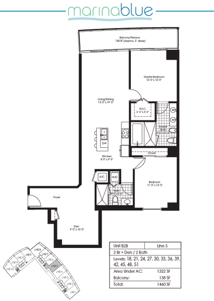 Floor plan for Marina Blue Downtown Miami Miami, model B2B, line 05, 2/2 +Den bedrooms, 1322 sq ft
