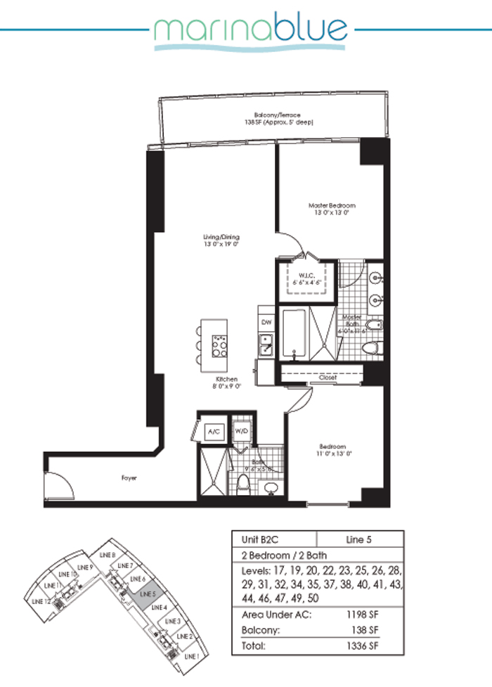 Floor plan for Marina Blue Downtown Miami Miami, model B2C, line 05, 2/2 bedrooms, 1198 sq ft