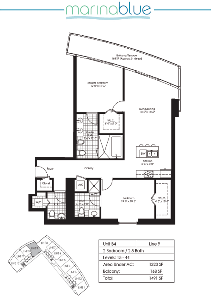 Floor plan for Marina Blue Downtown Miami Miami, model B4, line 09, 2/2.5 bedrooms, 1323 sq ft