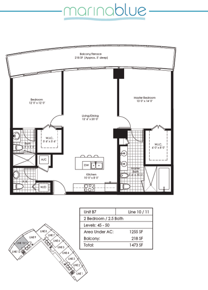 Floor plan for Marina Blue Downtown Miami Miami, model B7, line 10,11, 2/2.5 bedrooms, 1255 sq ft