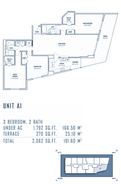 Floor plan for One Miami Downtown Miami Miami, model A1, line 09,23, 3/2 bedrooms, 1792 sq ft