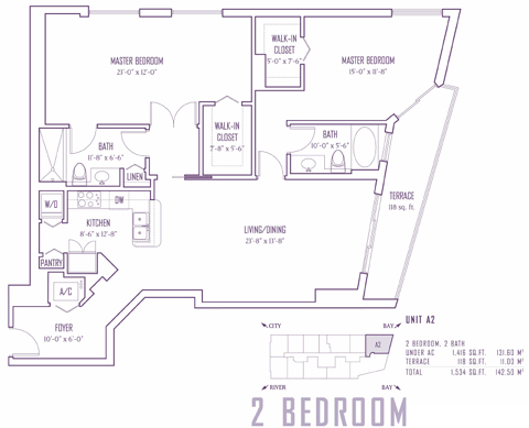 Floor plan for One Miami Downtown Miami Miami, model A2, line 26, 3/2 bedrooms, 1416 sq ft