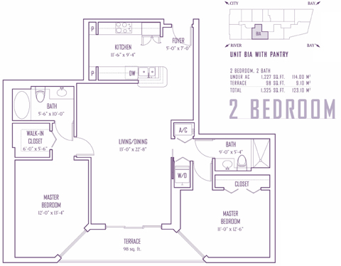 Floor plan for One Miami Downtown Miami Miami, model B1A, line 05,19, 2/2 bedrooms, 1227 sq ft