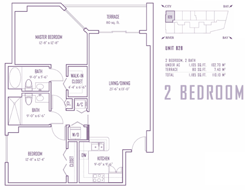 Floor plan for One Miami Downtown Miami Miami, model B2B, line 00,14, 2/2 bedrooms, 1105 sq ft