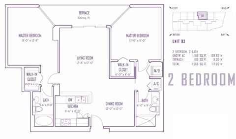 Floor plan for One Miami Downtown Miami Miami, model B3, line 08,22, 2/2 bedrooms, 1169 sq ft