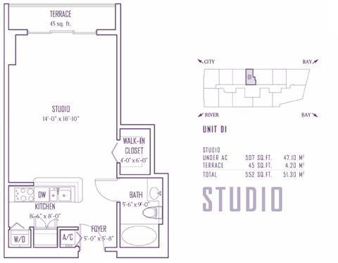 Floor plan for One Miami Downtown Miami Miami, model D1, line 06,20, 0/1 bedrooms, 507 sq ft