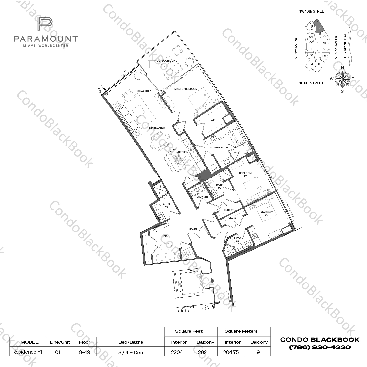Floor plan for Paramount Miami Worldcenter Downtown Miami Miami, model Residence F1, line 01, 3 / 4 + Den bedrooms, 2204 sq ft