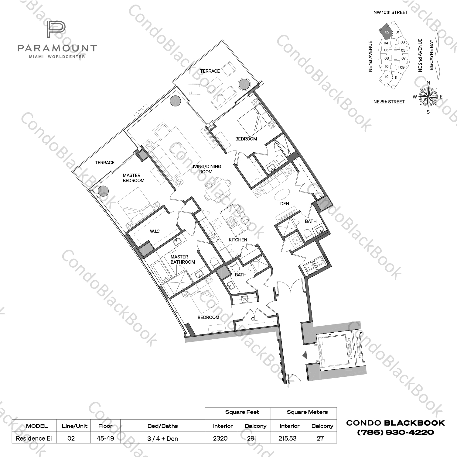 Floor plan for Paramount Miami Worldcenter Downtown Miami Miami, model Residence E1, line 02, 3 / 4 + Den bedrooms, 2320 sq ft