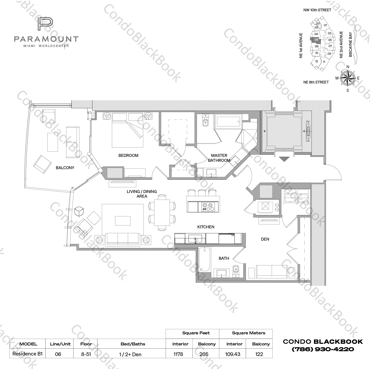 Floor plan for Paramount Miami Worldcenter Downtown Miami Miami, model Residence B1, line 06, 1 / 2+ Den bedrooms, 1178 sq ft