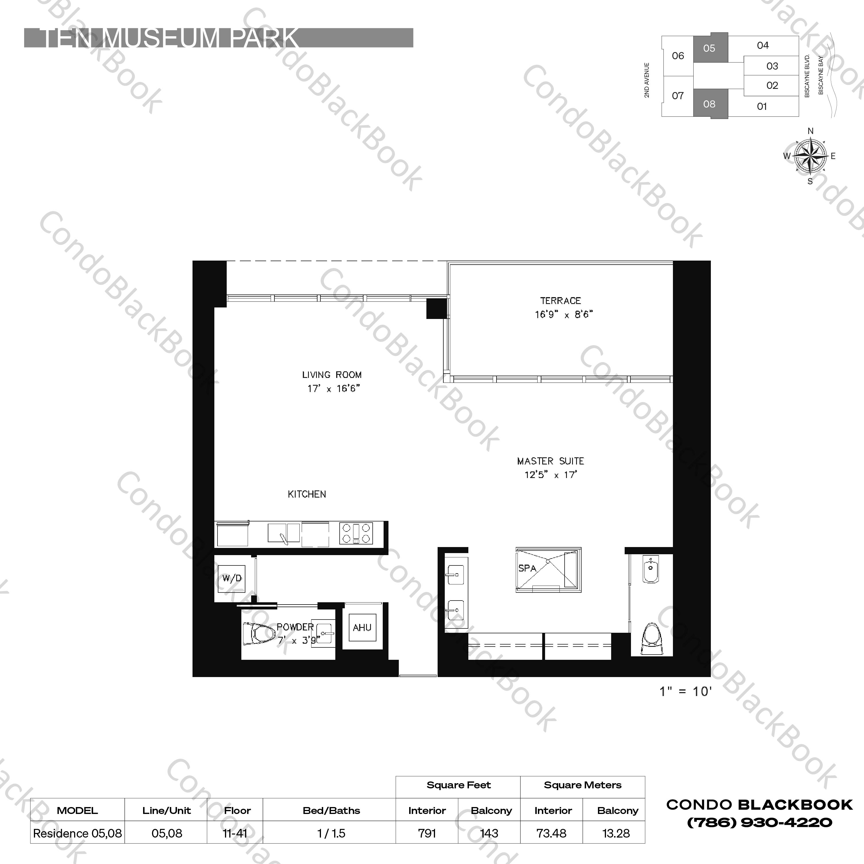 Floor plan for Ten Museum Park Downtown Miami Miami, model Residence 05,08, line 05,08, 1 / 1.5 bedrooms, 791 sq ft