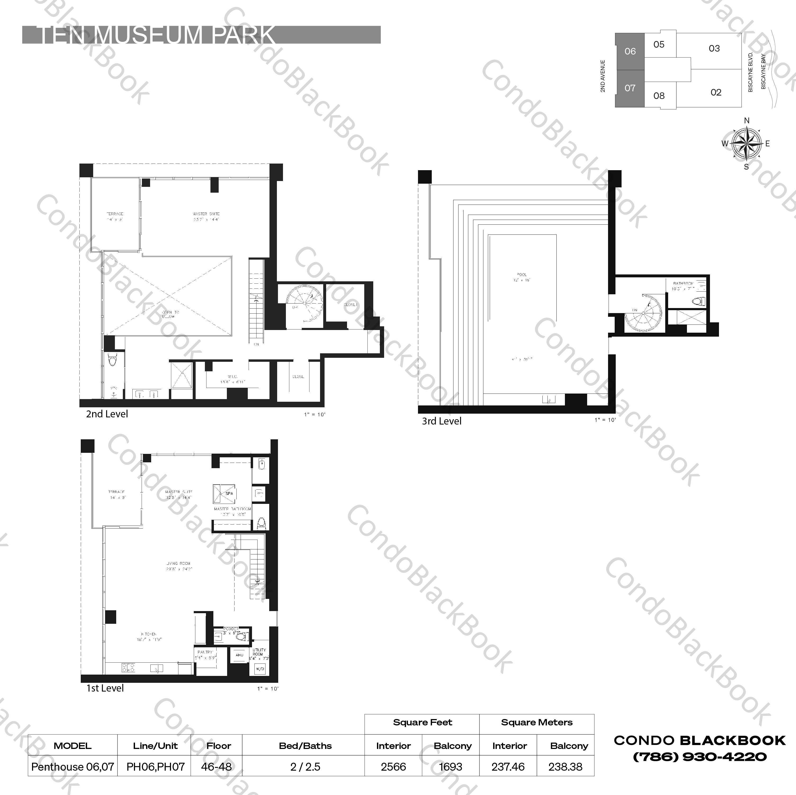 Floor plan for Ten Museum Park Downtown Miami Miami, model Penthouse 06,07, line PH06,PH07, 2 / 2.5 bedrooms, 2566 sq ft