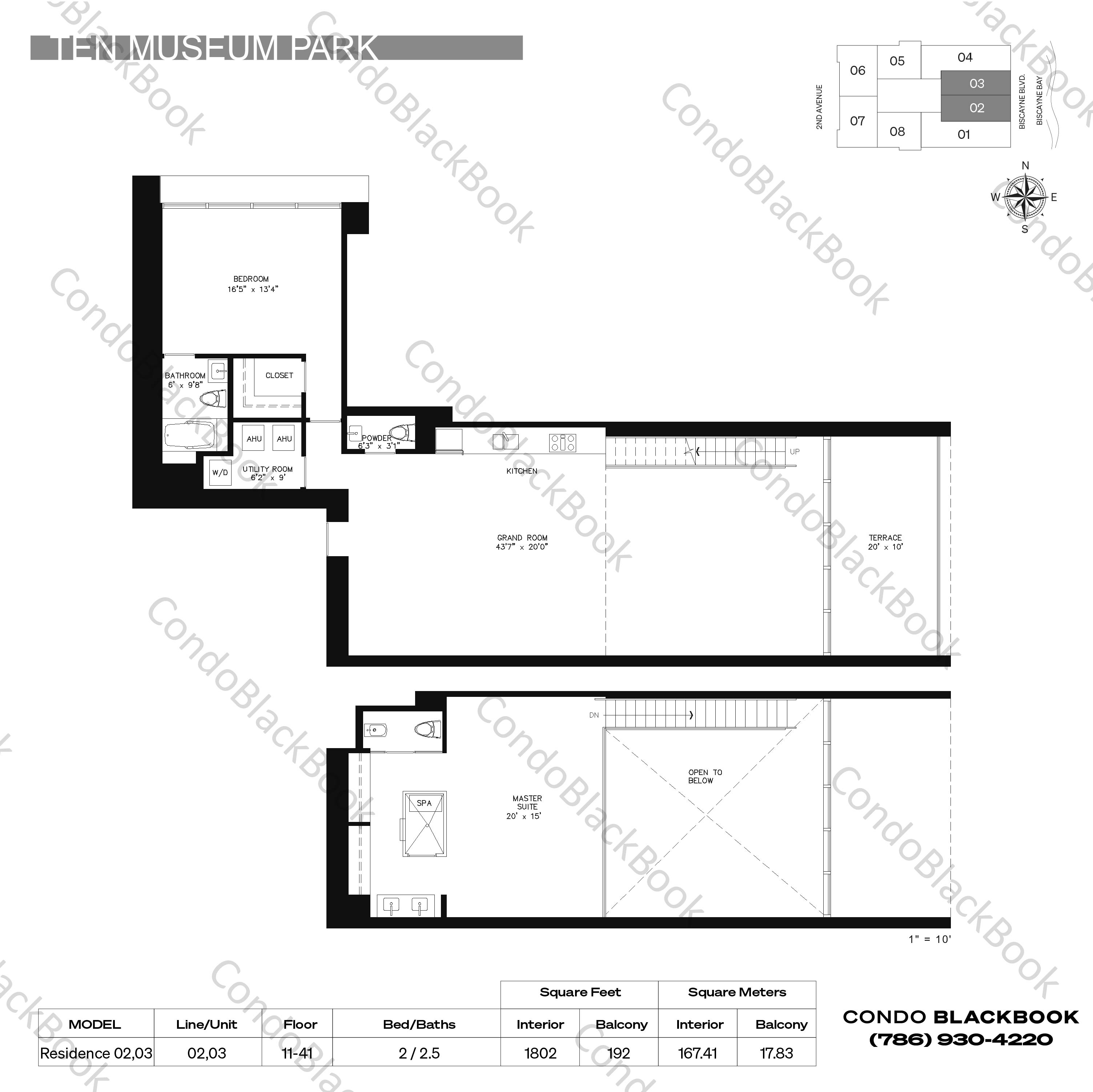 Floor plan for Ten Museum Park Downtown Miami Miami, model Residence 02,03, line 02,03, 2 / 2.5 bedrooms, 1802 sq ft