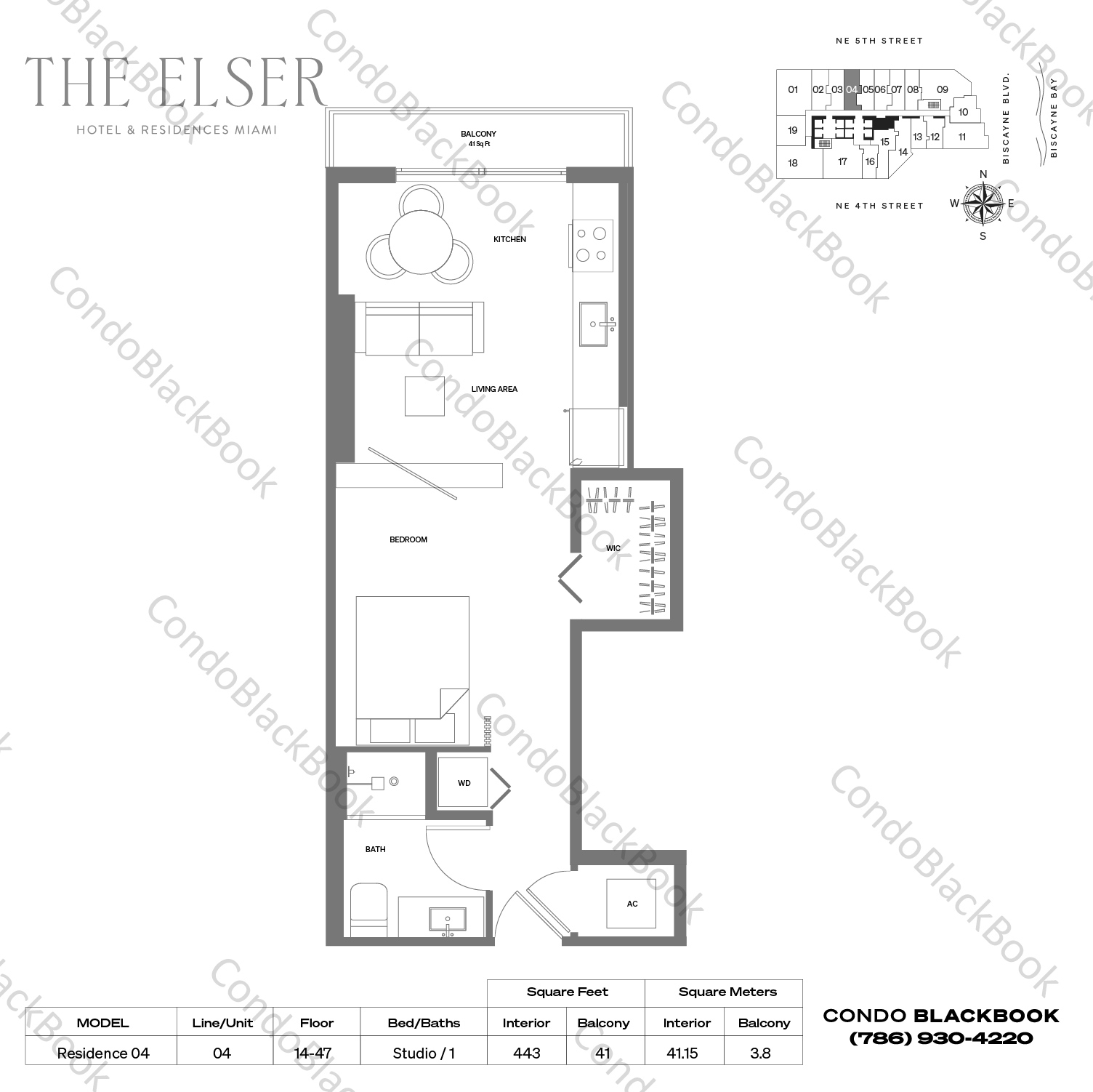 Floor plan for The Elser Hotel & Residences Downtown Miami Miami, model Residence 04, line 04, Studio / 1 bedrooms, 443 sq ft