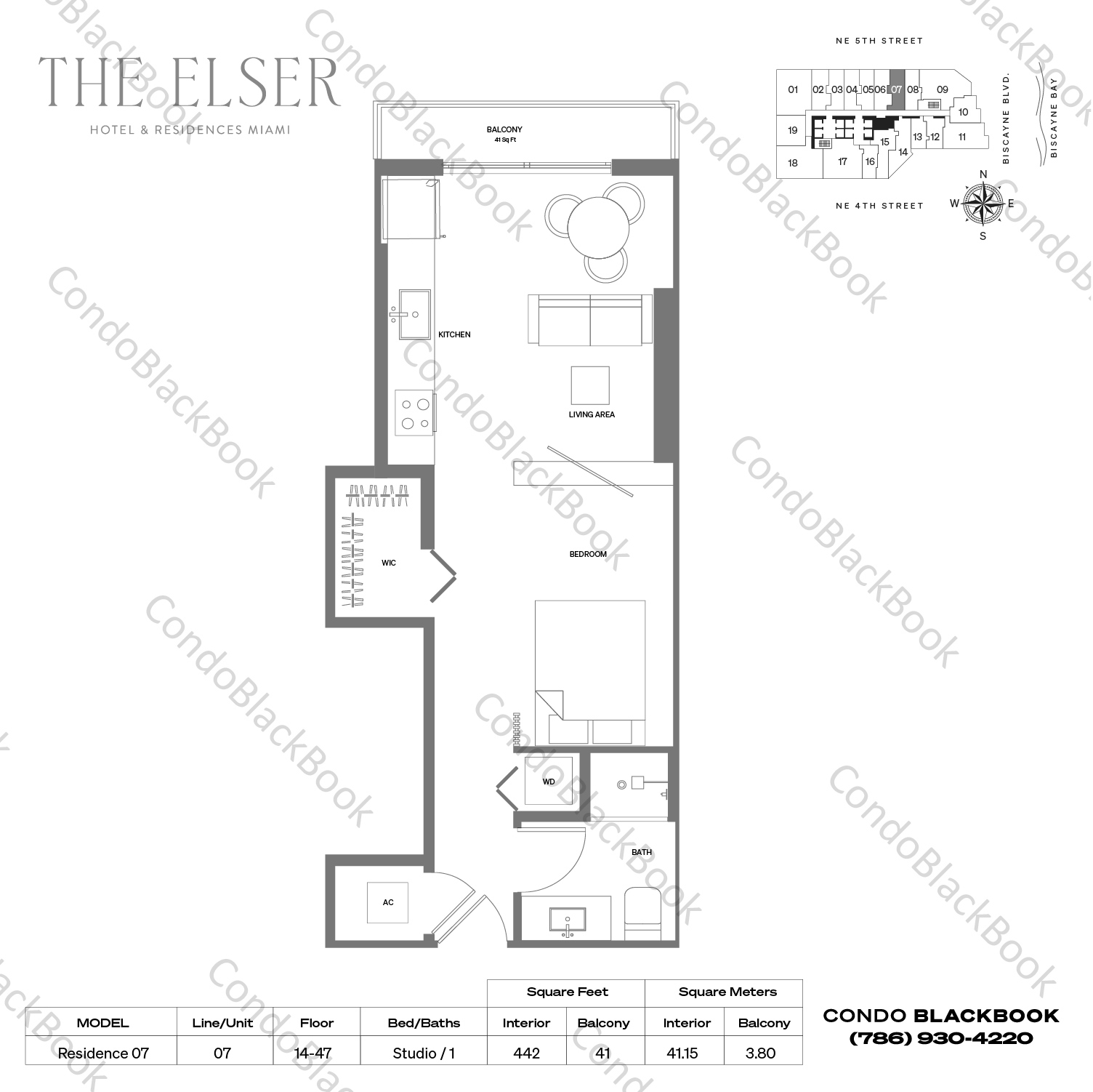 Floor plan for The Elser Hotel & Residences Downtown Miami Miami, model Residence 07, line 07, Studio / 1 bedrooms, 442 sq ft