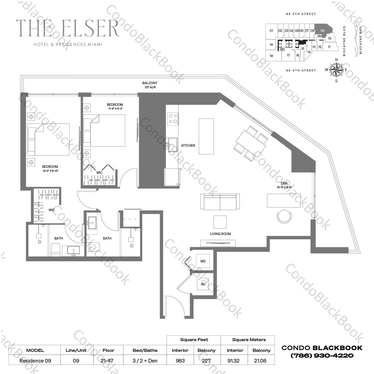 Floor plan for The Elser Hotel & Residences Downtown Miami Miami, model Residence 09, line 09, 2 / 2 + Den bedrooms, 983 sq ft
