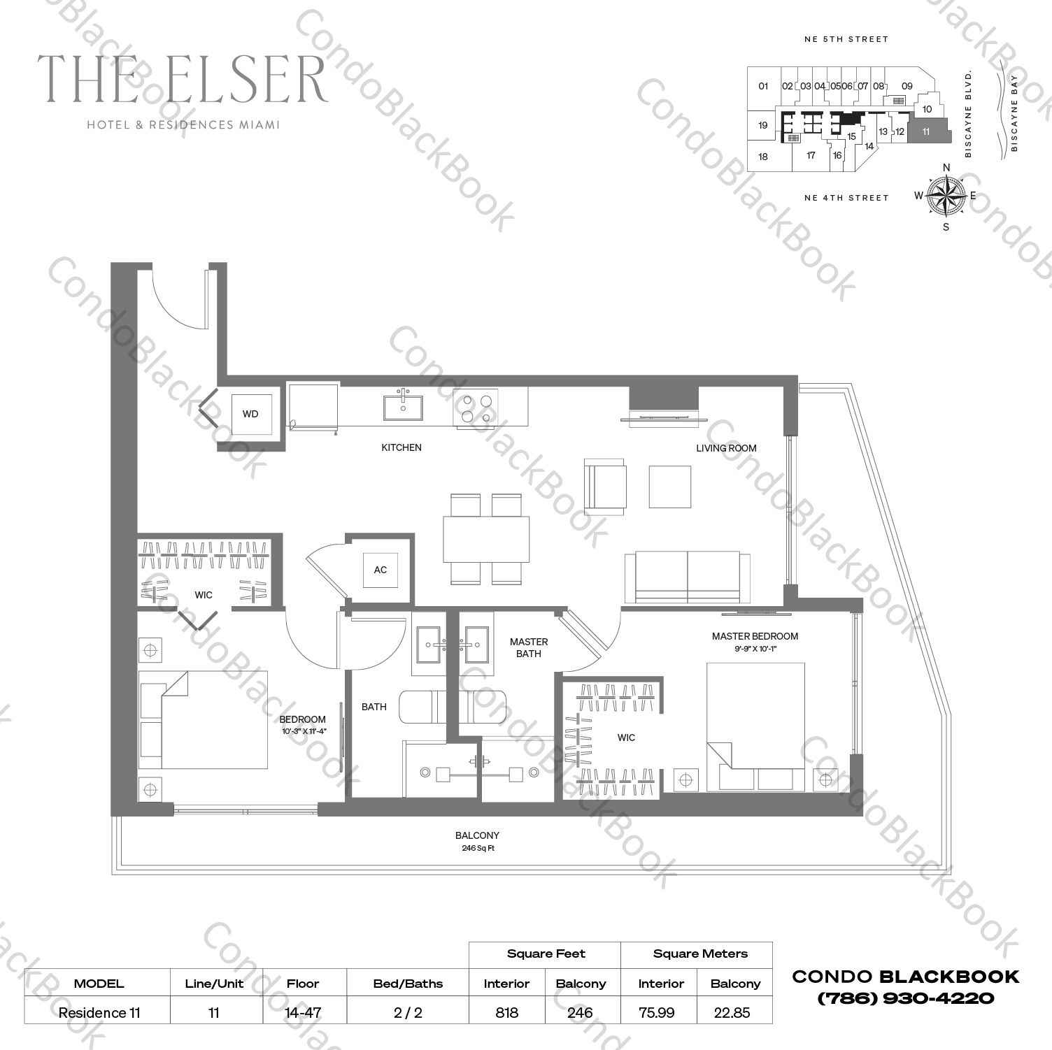 Floor plan for The Elser Hotel & Residences Downtown Miami Miami, model Residence 11, line 11, 2 / 2 bedrooms, 818 sq ft