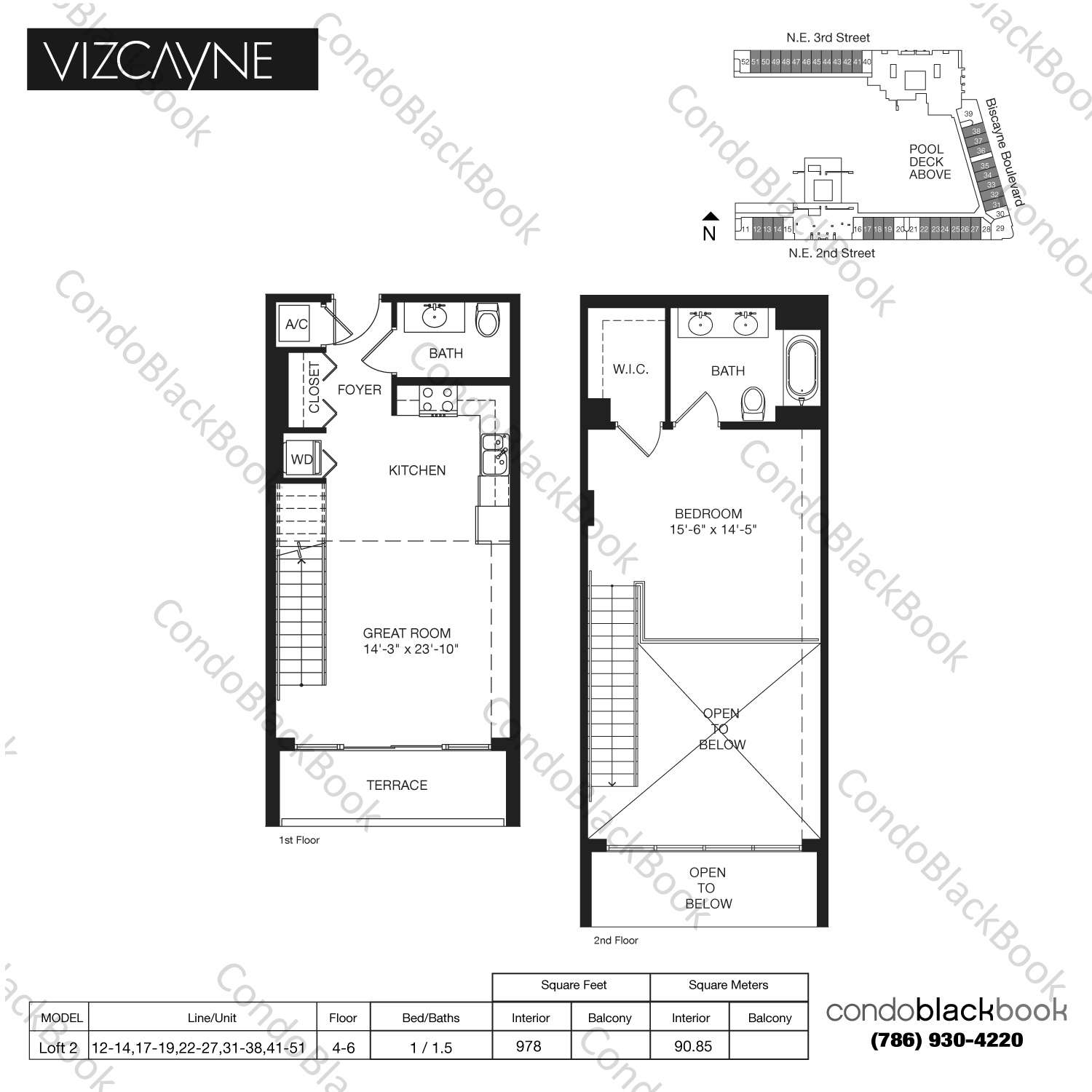 Floor plan for Vizcayne North Tower Downtown Miami Miami, model Loft 2, line 12-14,17-19,22-27,31-38,41-51, 1 / 1.5 bedrooms, 978 sq ft