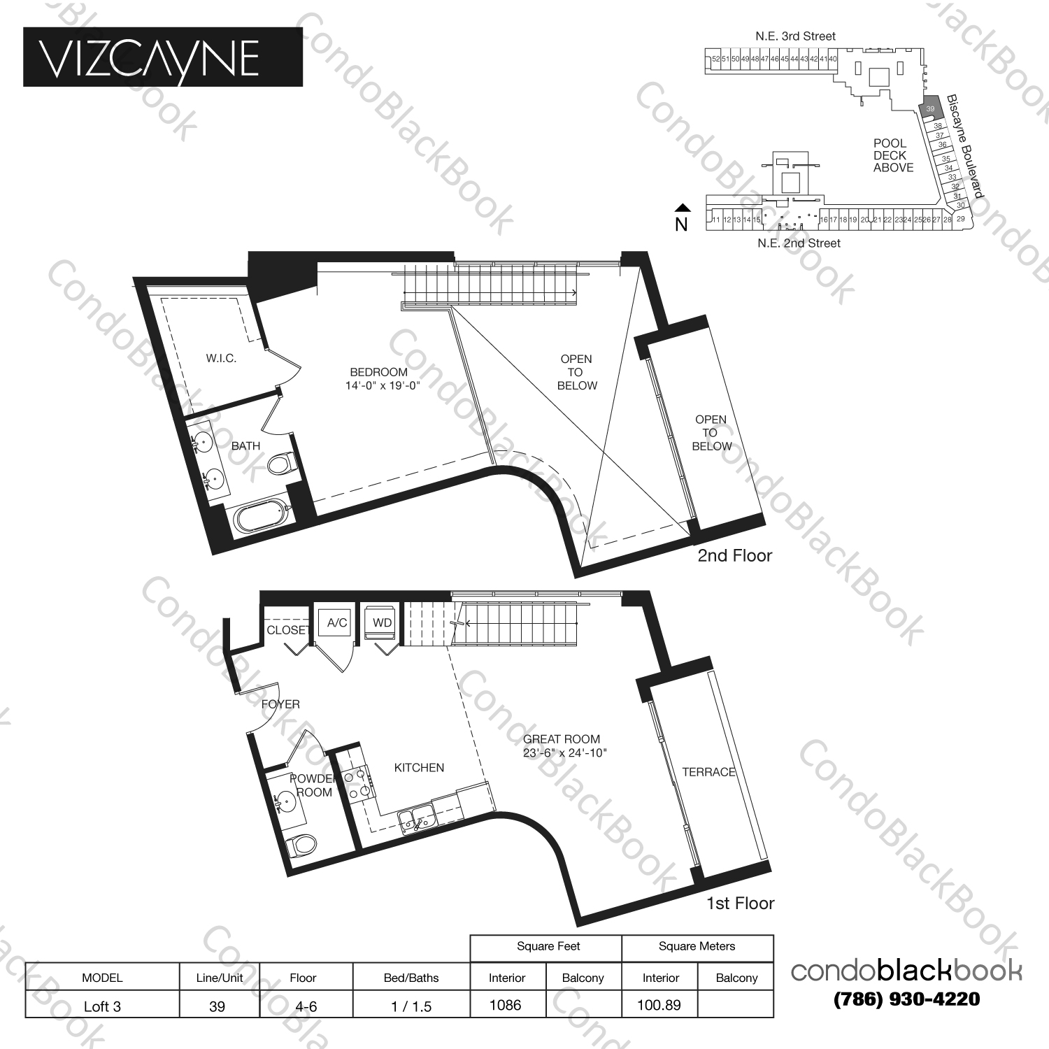 Floor plan for Vizcayne North Tower Downtown Miami Miami, model Loft 3, line 39, 1 / 1.5 bedrooms, 1086 sq ft