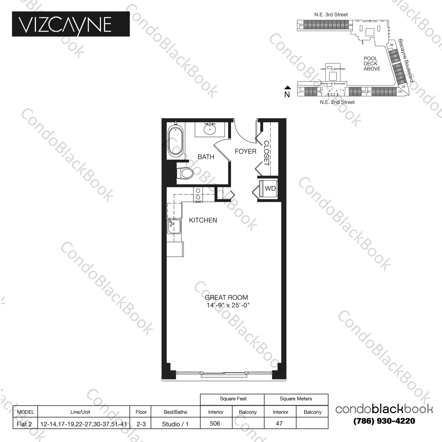 Floor plan for Vizcayne North Tower Downtown Miami Miami, model Flat 2, line 13,14,17-19,22-27,30-37,40-50, Studio / 1 bedrooms, 506 sq ft