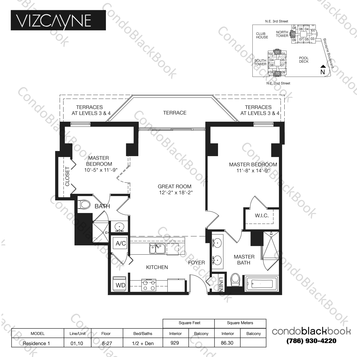 Floor plan for Vizcayne North Tower Downtown Miami Miami, model Residence 1, line 01,10, 1 / 2 + Den bedrooms, 929 sq ft