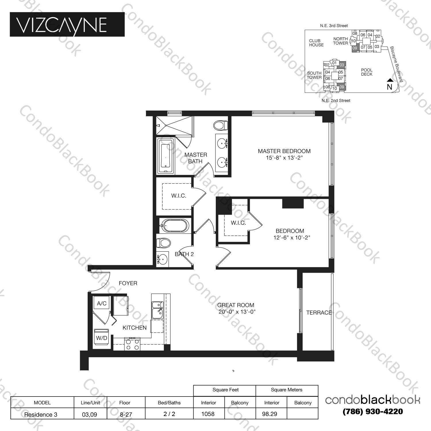 Floor plan for Vizcayne North Tower Downtown Miami Miami, model Residence 3, line 03,09, 2 / 2 bedrooms, 1058 sq ft
