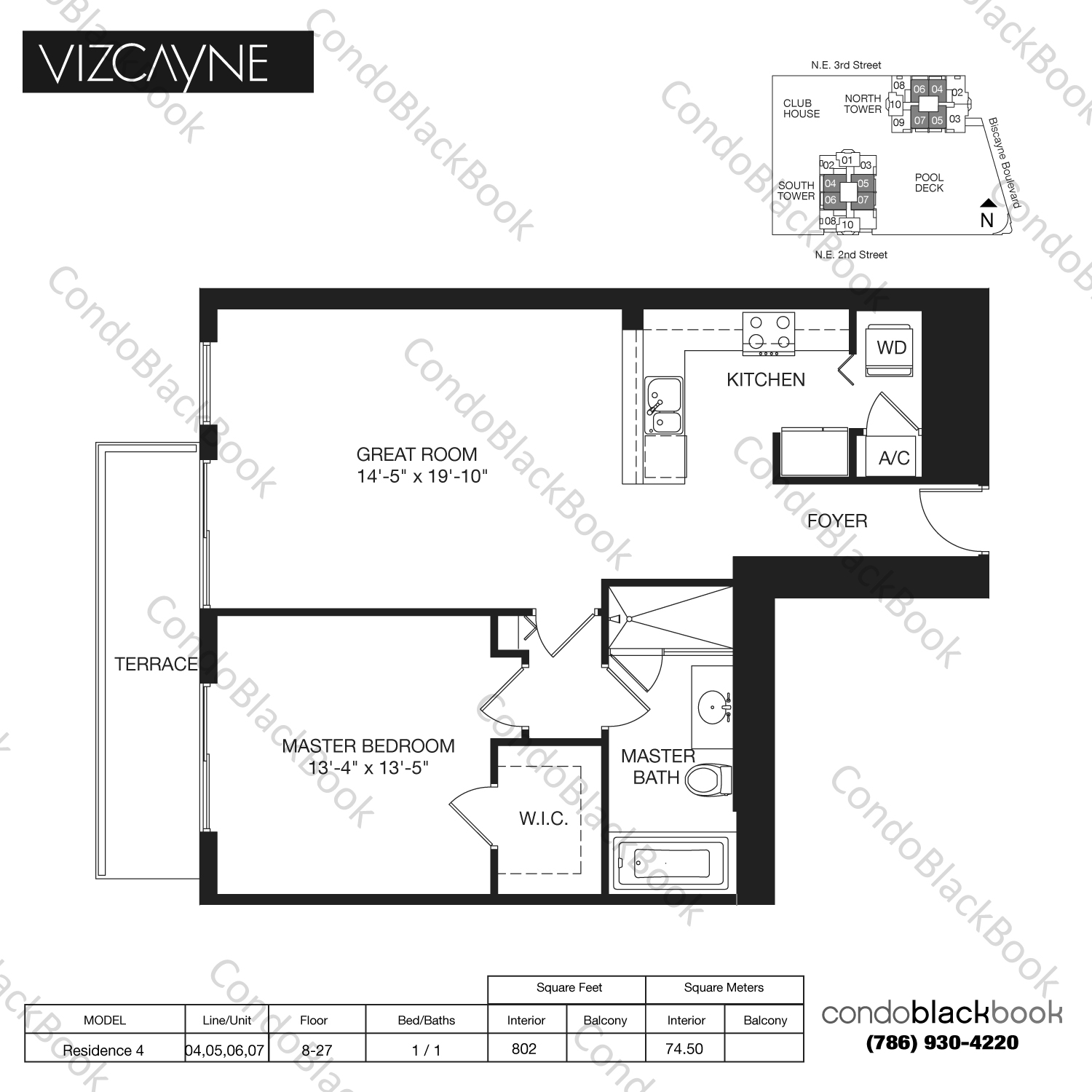 Floor plan for Vizcayne North Tower Downtown Miami Miami, model Residence 4, line 04,05,06,07, 1 / 1 bedrooms, 802 sq ft