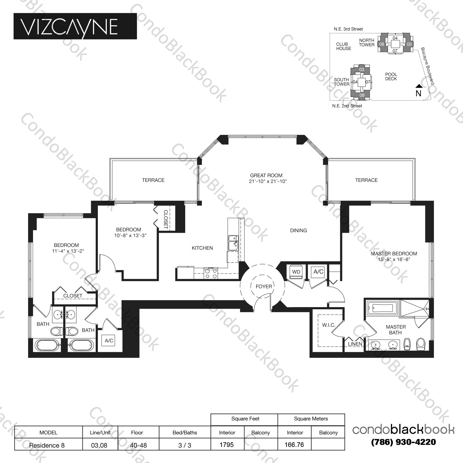 Floor plan for Vizcayne North Tower Downtown Miami Miami, model Residence 8, line 03,08, 3 / 3 bedrooms, 1795 sq ft