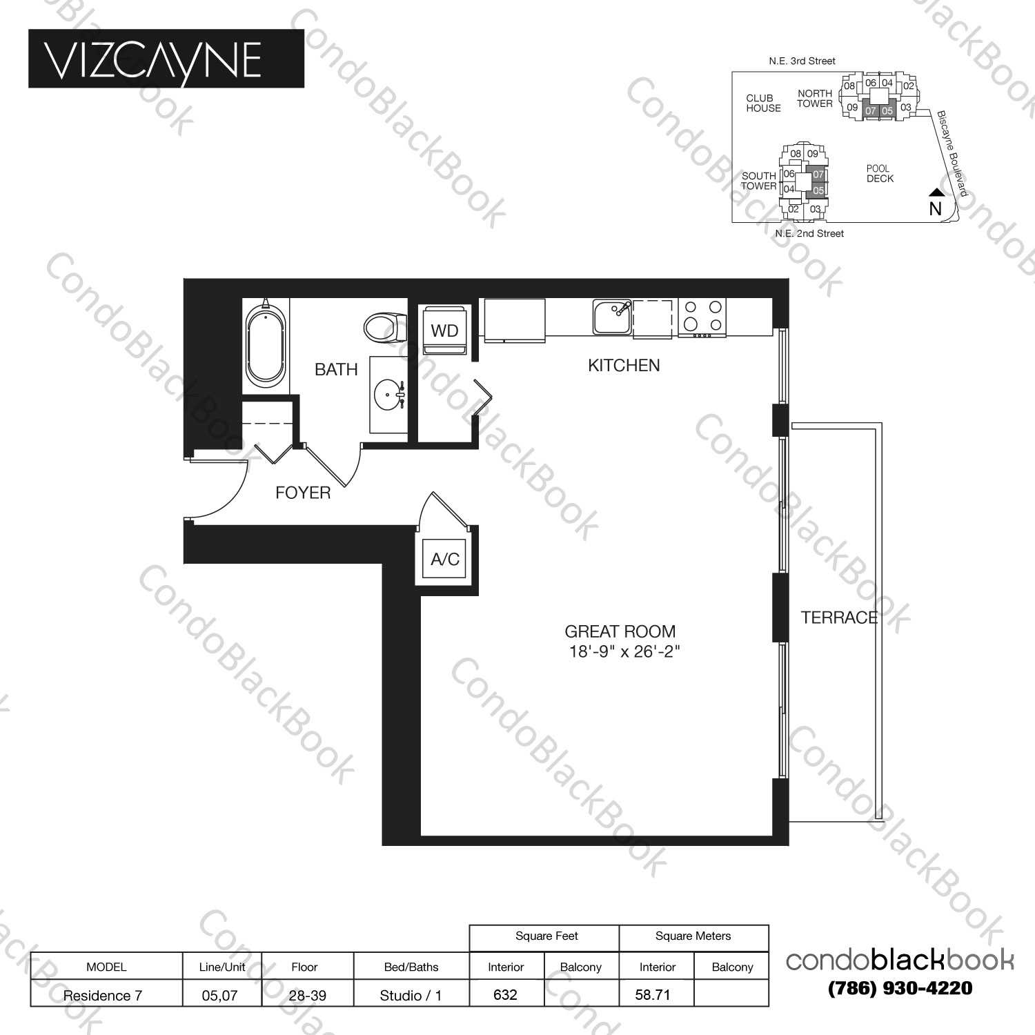 Floor plan for Vizcayne North Tower Downtown Miami Miami, model Residence 7, line 05,07, Studio / 1 bedrooms, 632 sq ft