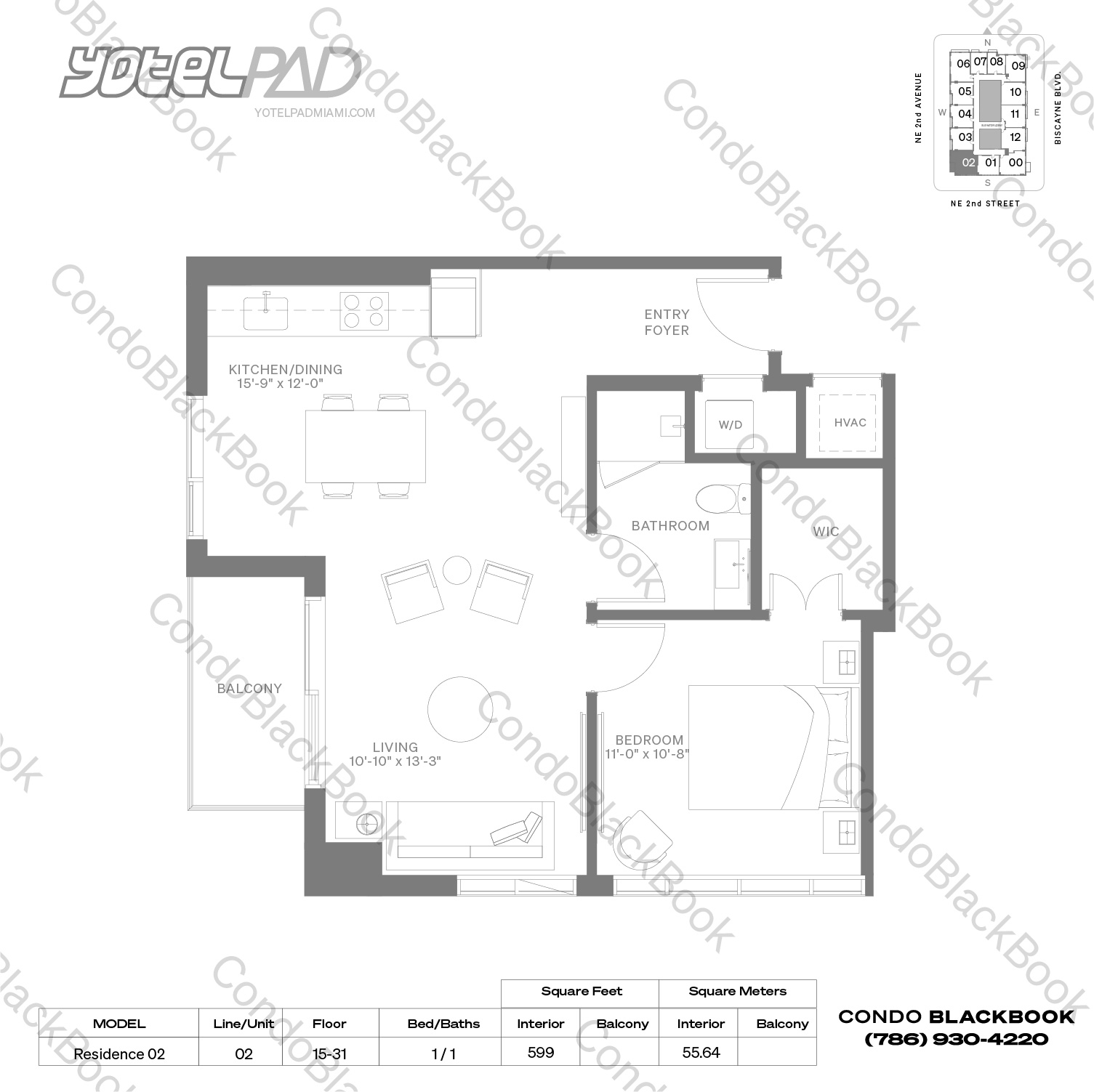 Floor plan for YotelPad Downtown Miami Miami, model Residence 02, line 02, 1 / 1 bedrooms, 599 sq ft