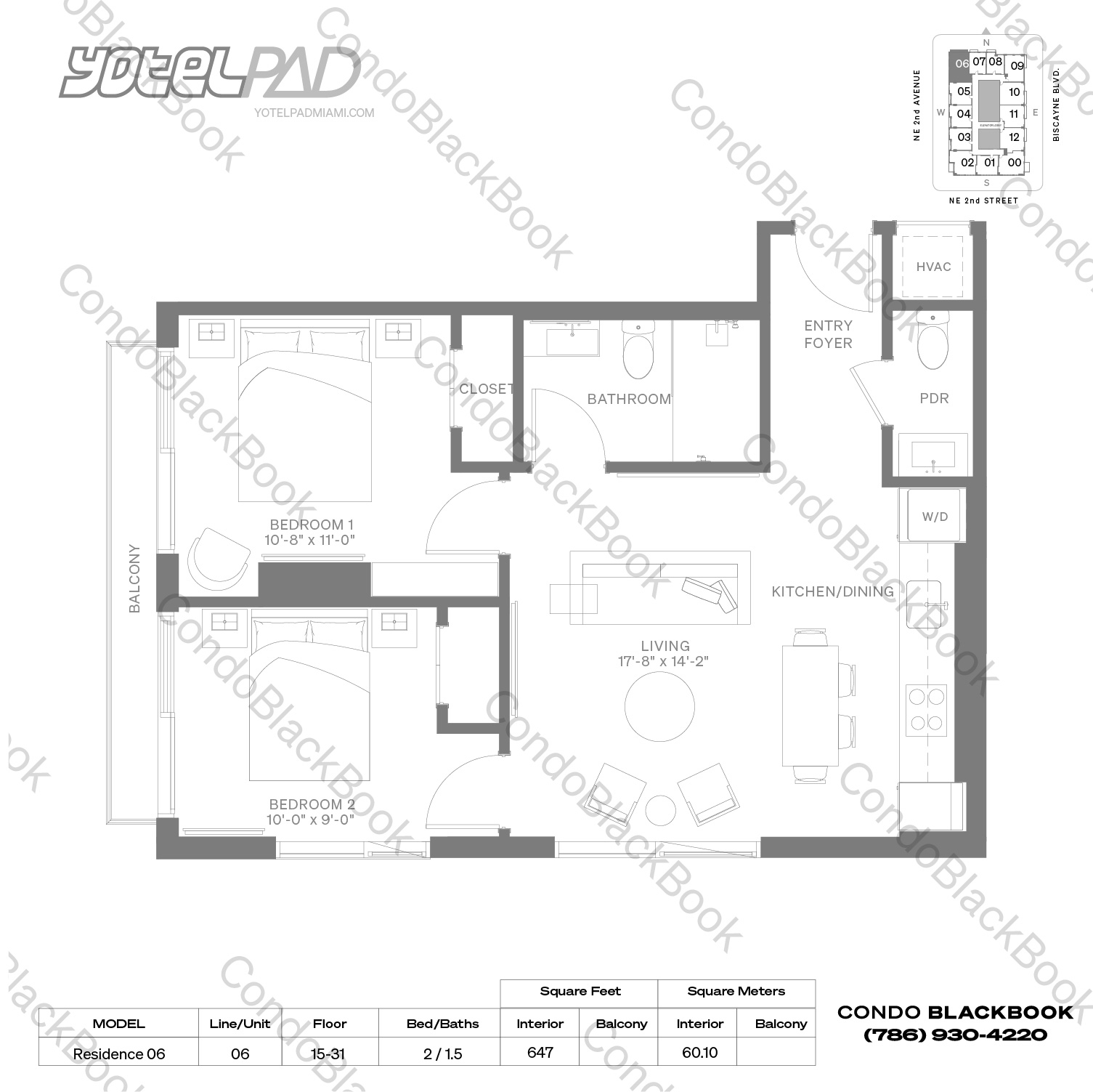 Floor plan for YotelPad Downtown Miami Miami, model Residence 06, line 06, 2 / 1.5 bedrooms, 647 sq ft