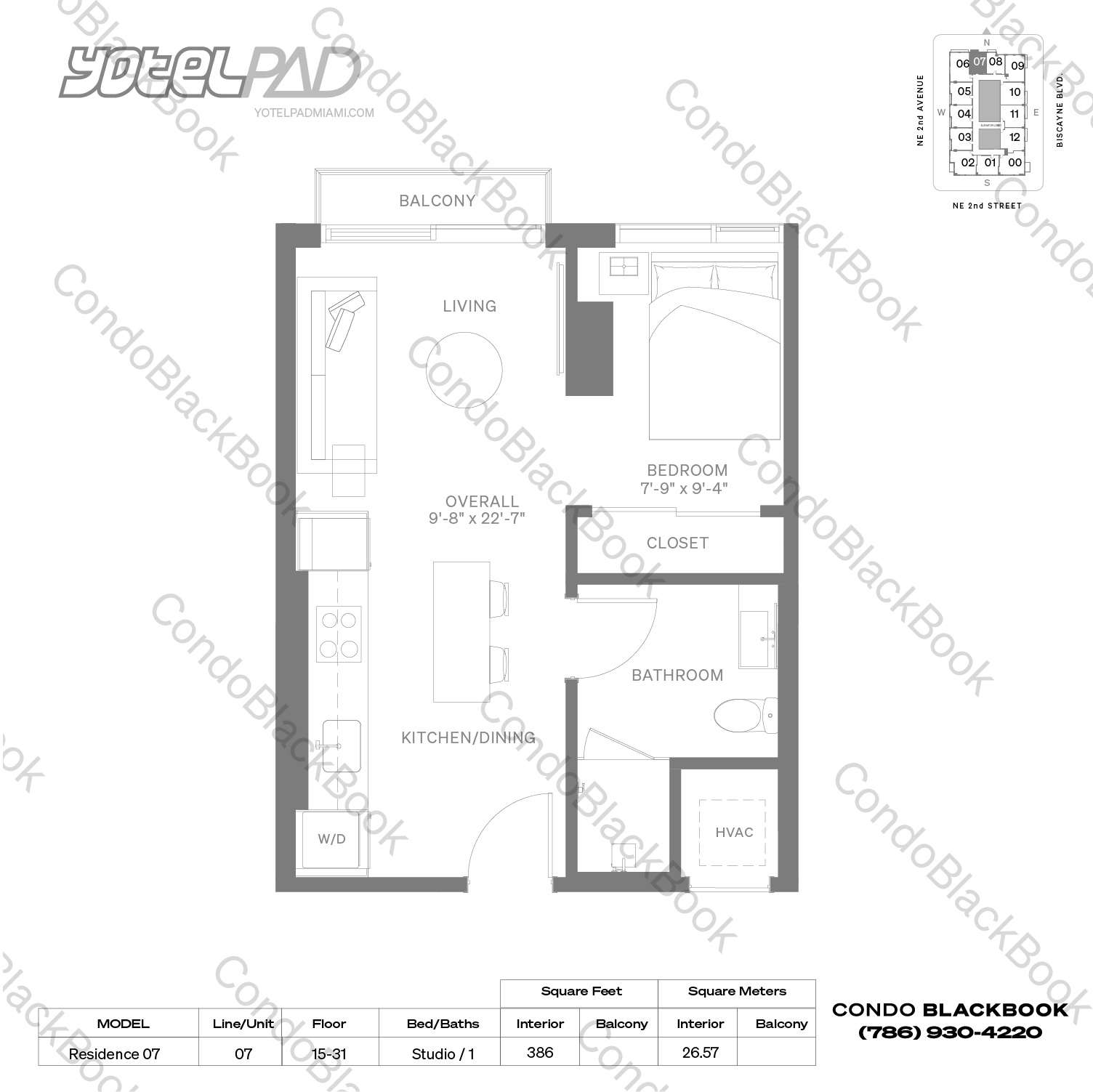 Floor plan for YotelPad Downtown Miami Miami, model Residence 07, line 07, Studio / 1 bedrooms, 386 sq ft
