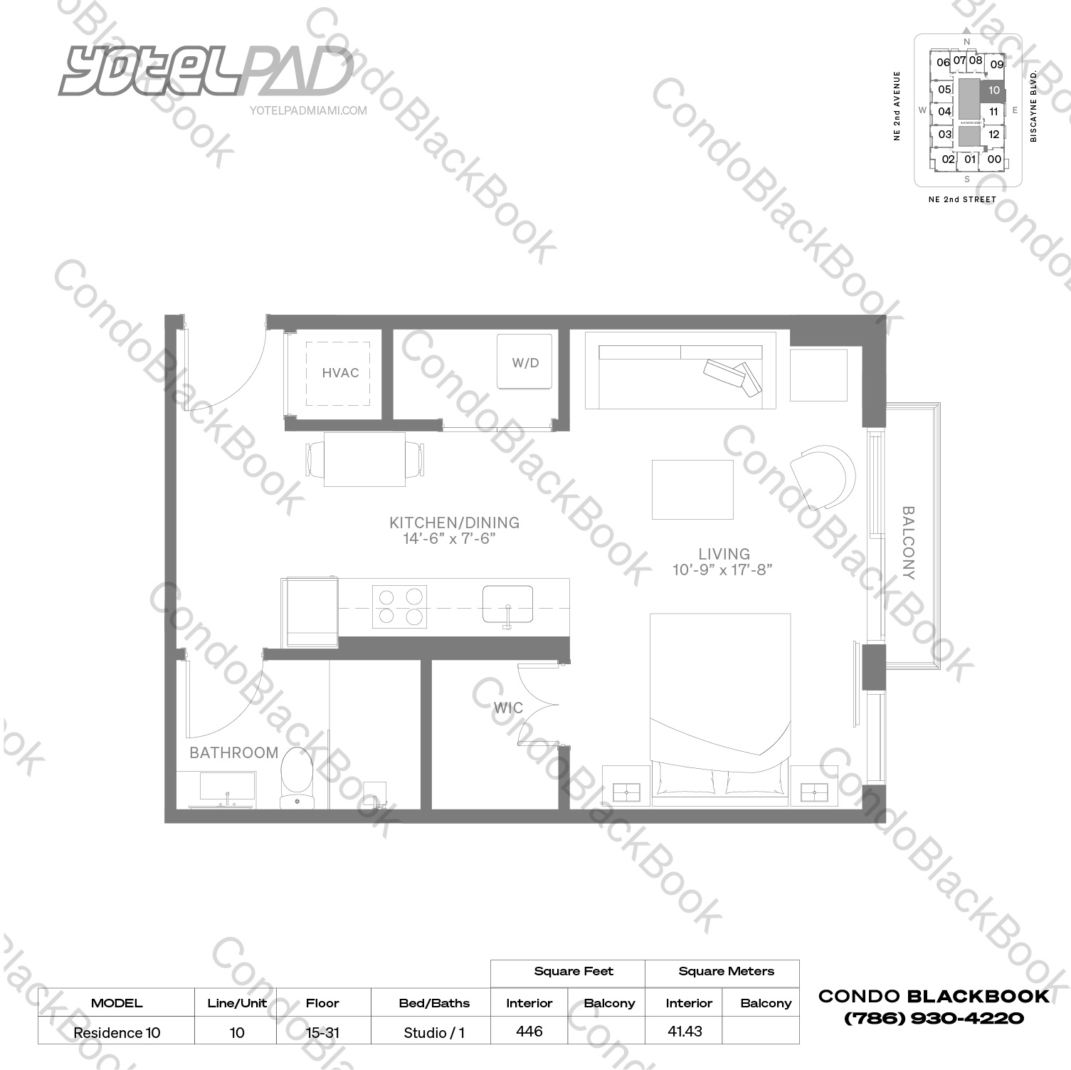 Floor plan for YotelPad Downtown Miami Miami, model Residence 10, line 10, Studio / 1 bedrooms, 446 sq ft