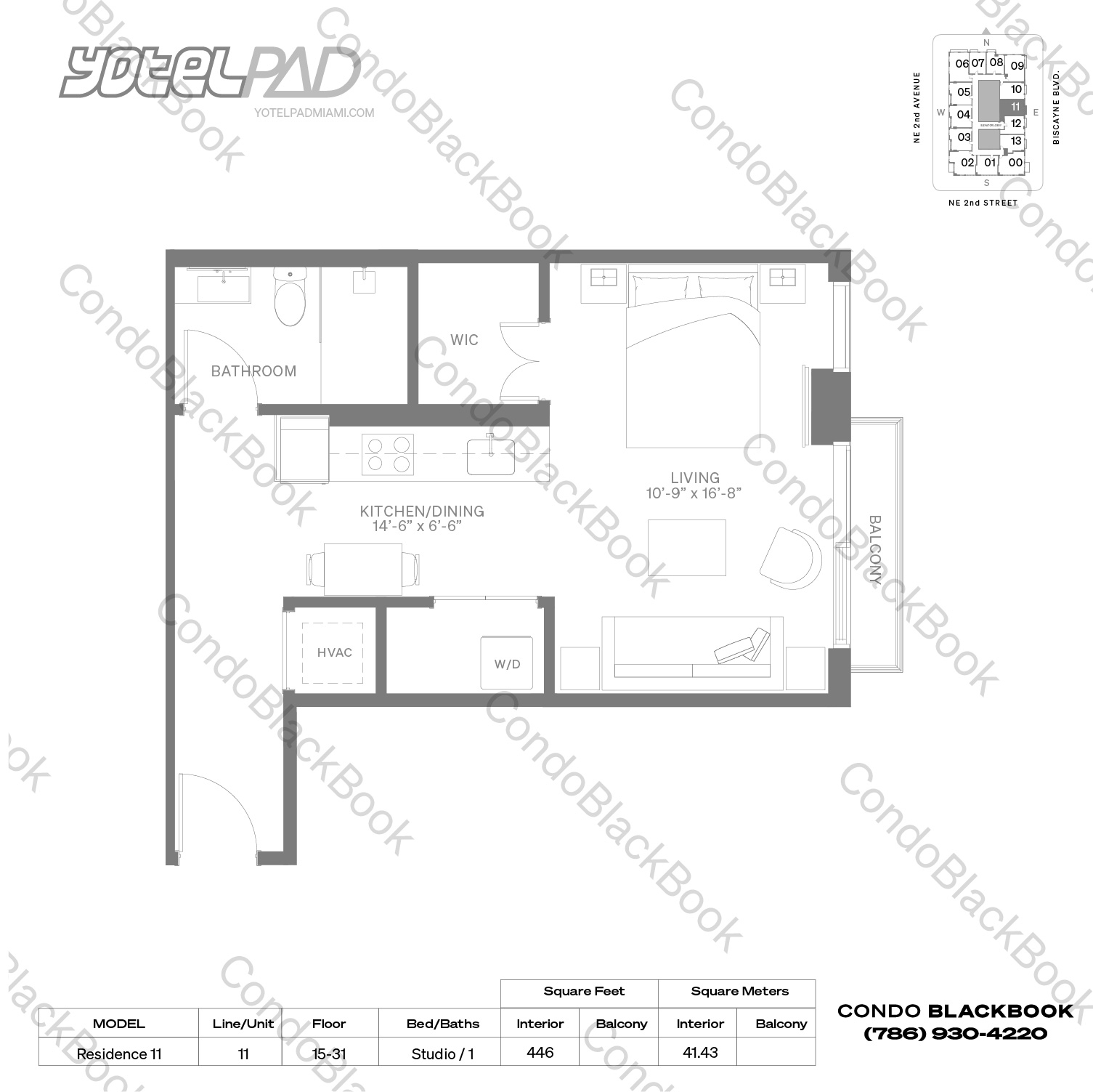 Floor plan for YotelPad Downtown Miami Miami, model Residence 11, line 11, Studio / 1 bedrooms, 446 sq ft