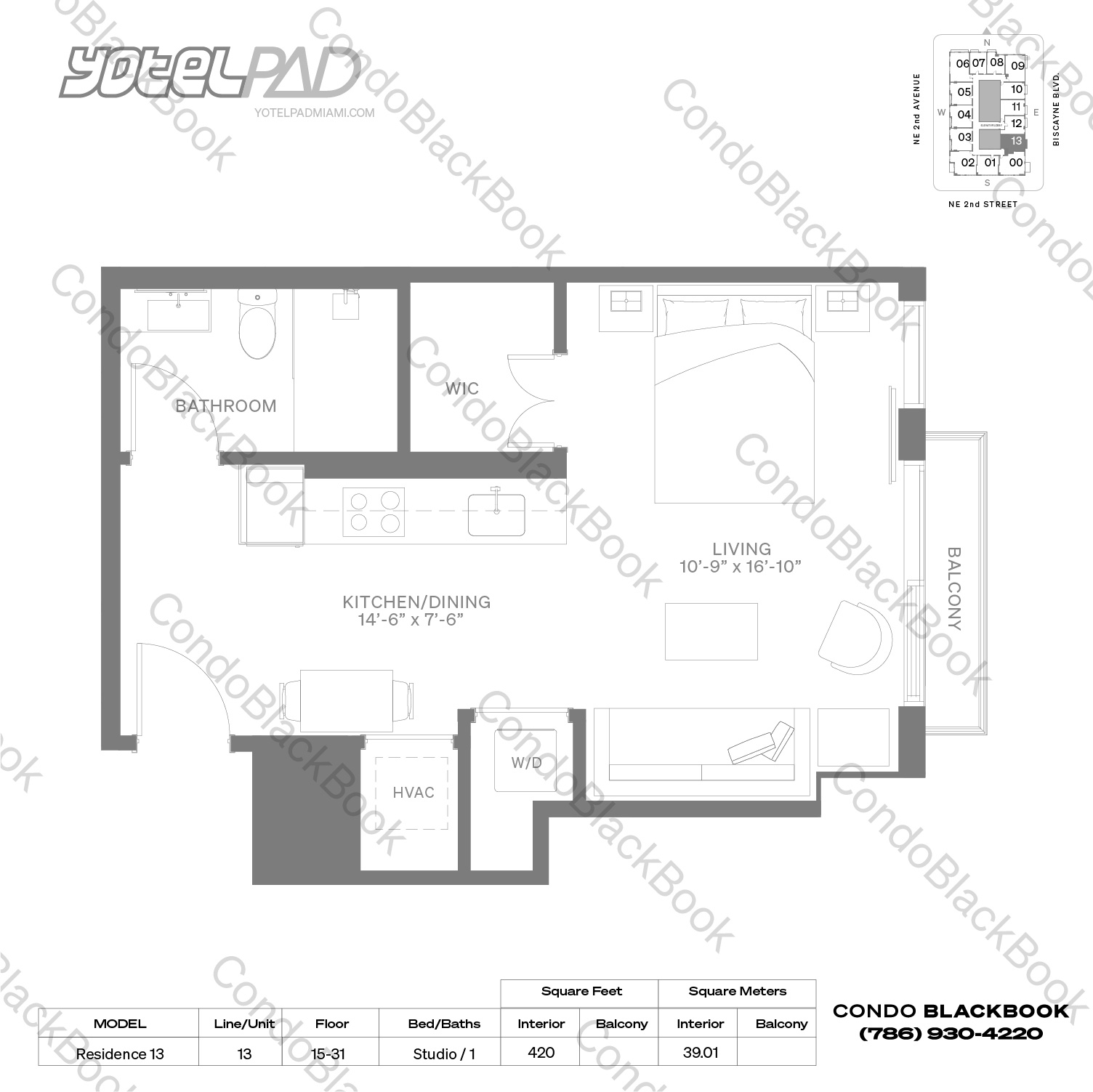 Floor plan for YotelPad Downtown Miami Miami, model Residence 13, line 13, Studio / 1 bedrooms, 420 sq ft