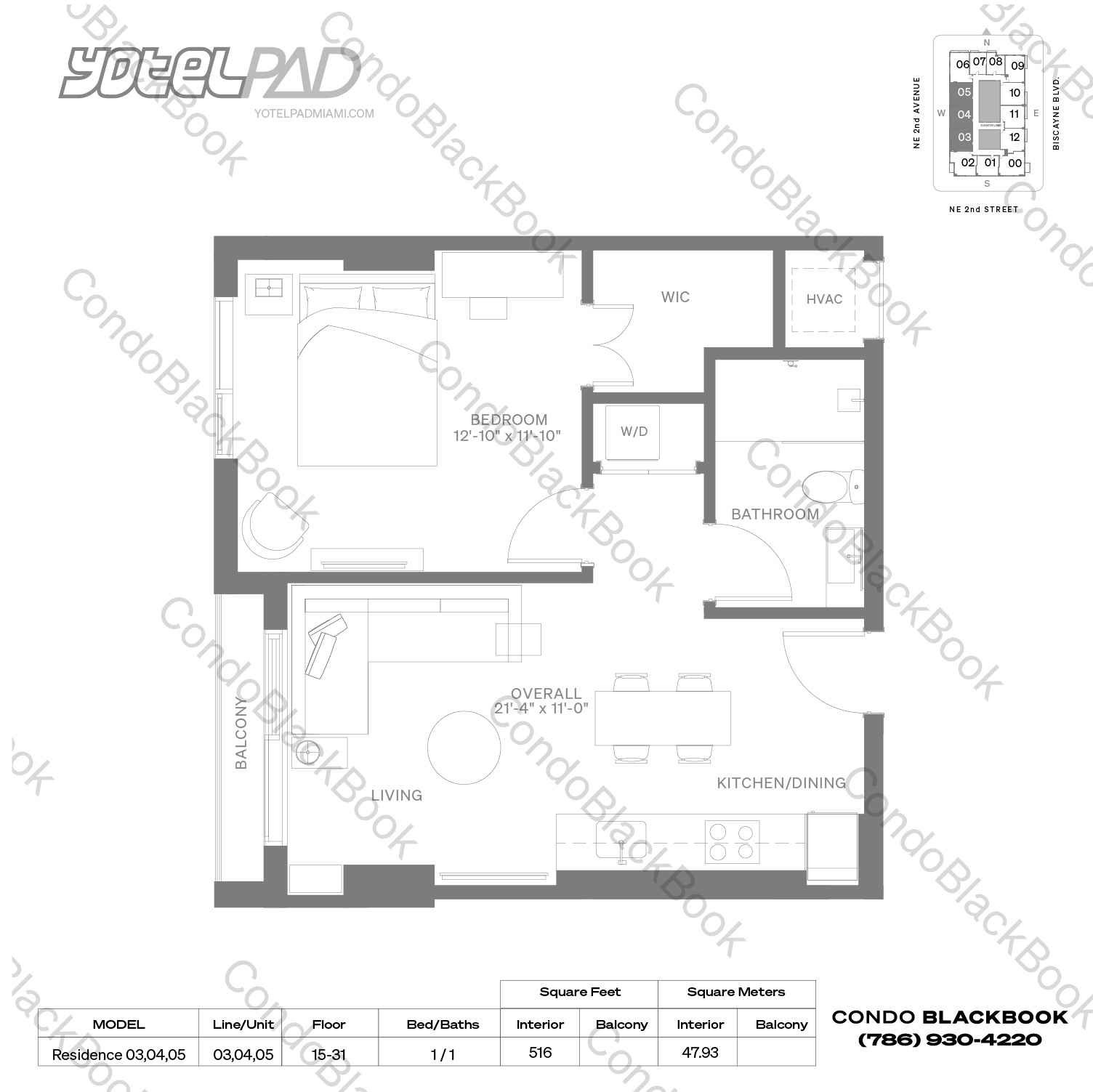 Floor plan for YotelPad Downtown Miami Miami, model Residence 03,04,05, line 03,04,05, 1 / 1 bedrooms, 516 sq ft