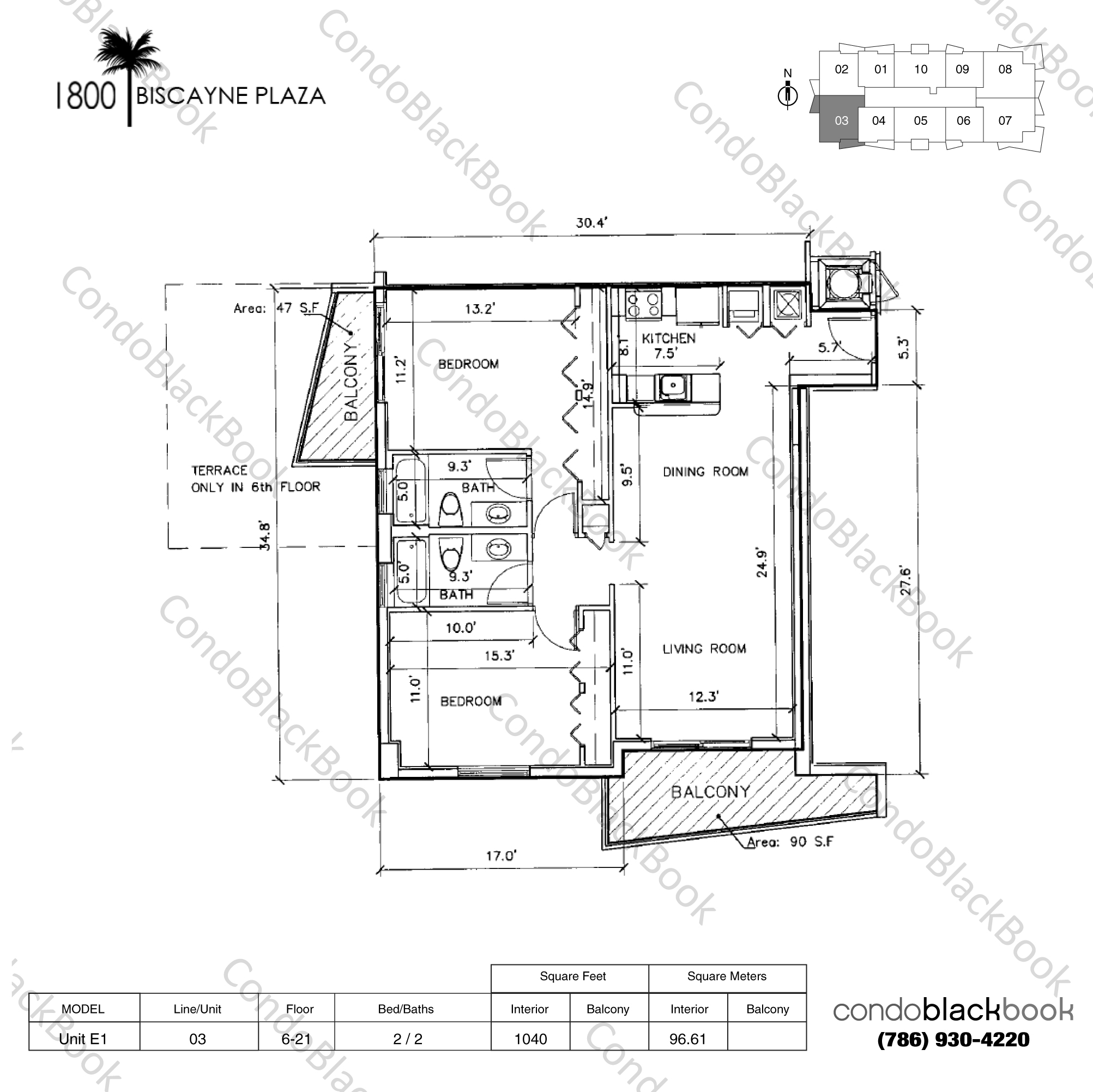 Floor plan for 1800 Biscayne Plaza Edgewater Miami, model Unit E1, line 03, 2 / 2 bedrooms, 1040 sq ft