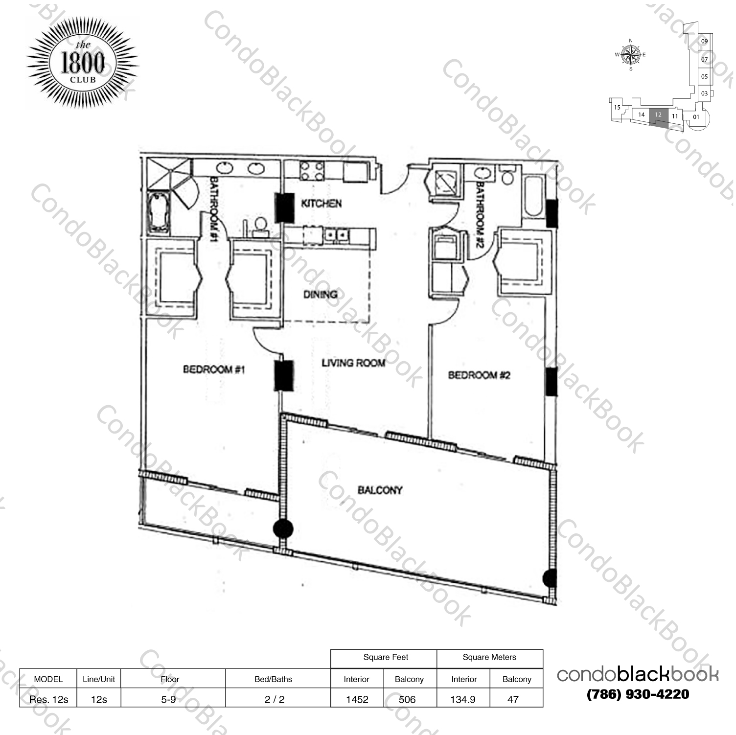 Floor plan for 1800 Club Edgewater Miami, model Res. 12s, line 12s, 2 / 2 bedrooms, 1452 sq ft