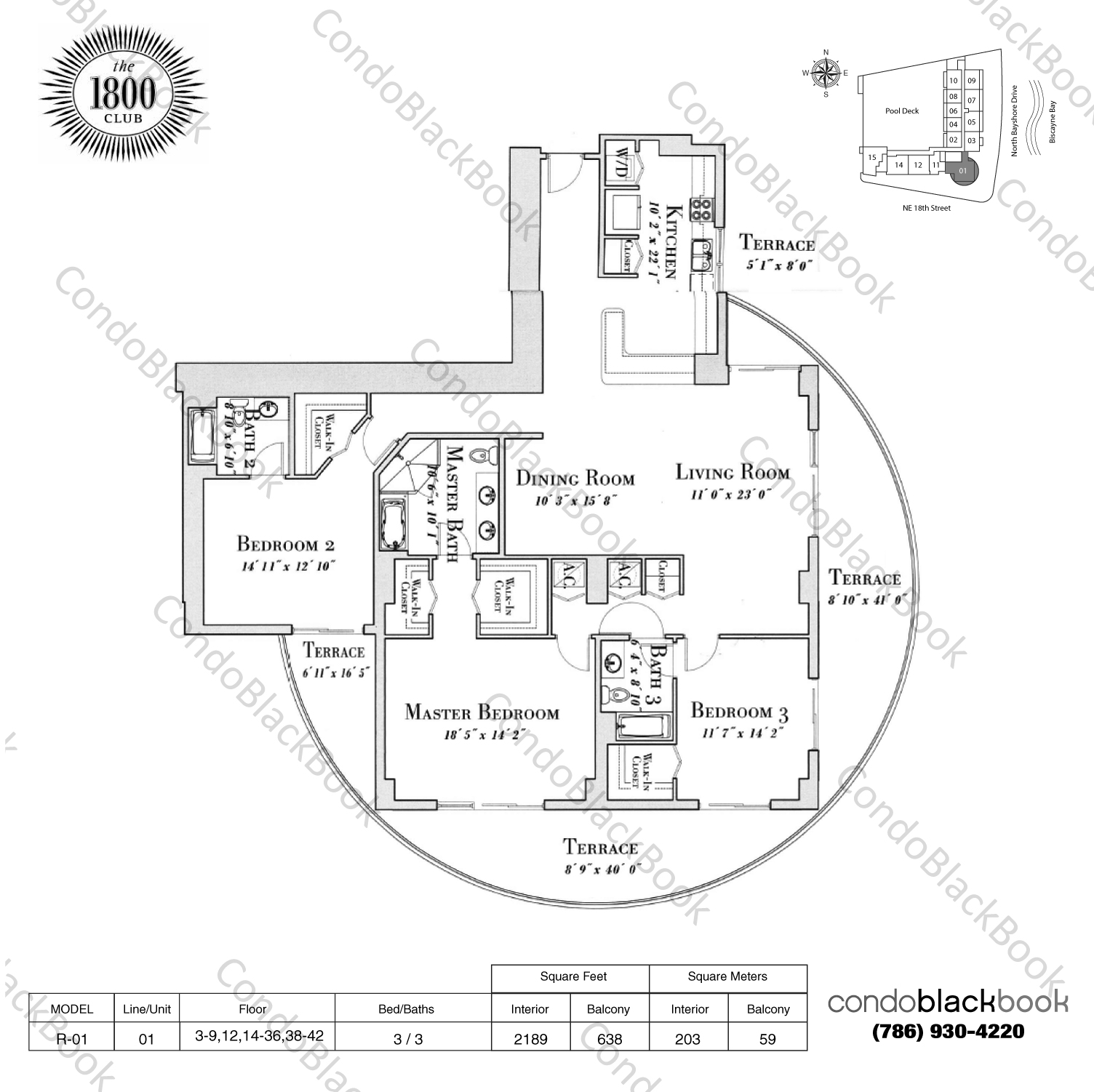 Floor plan for 1800 Club Edgewater Miami, model R-01, line 01, 3 / 3 bedrooms, 2189 sq ft