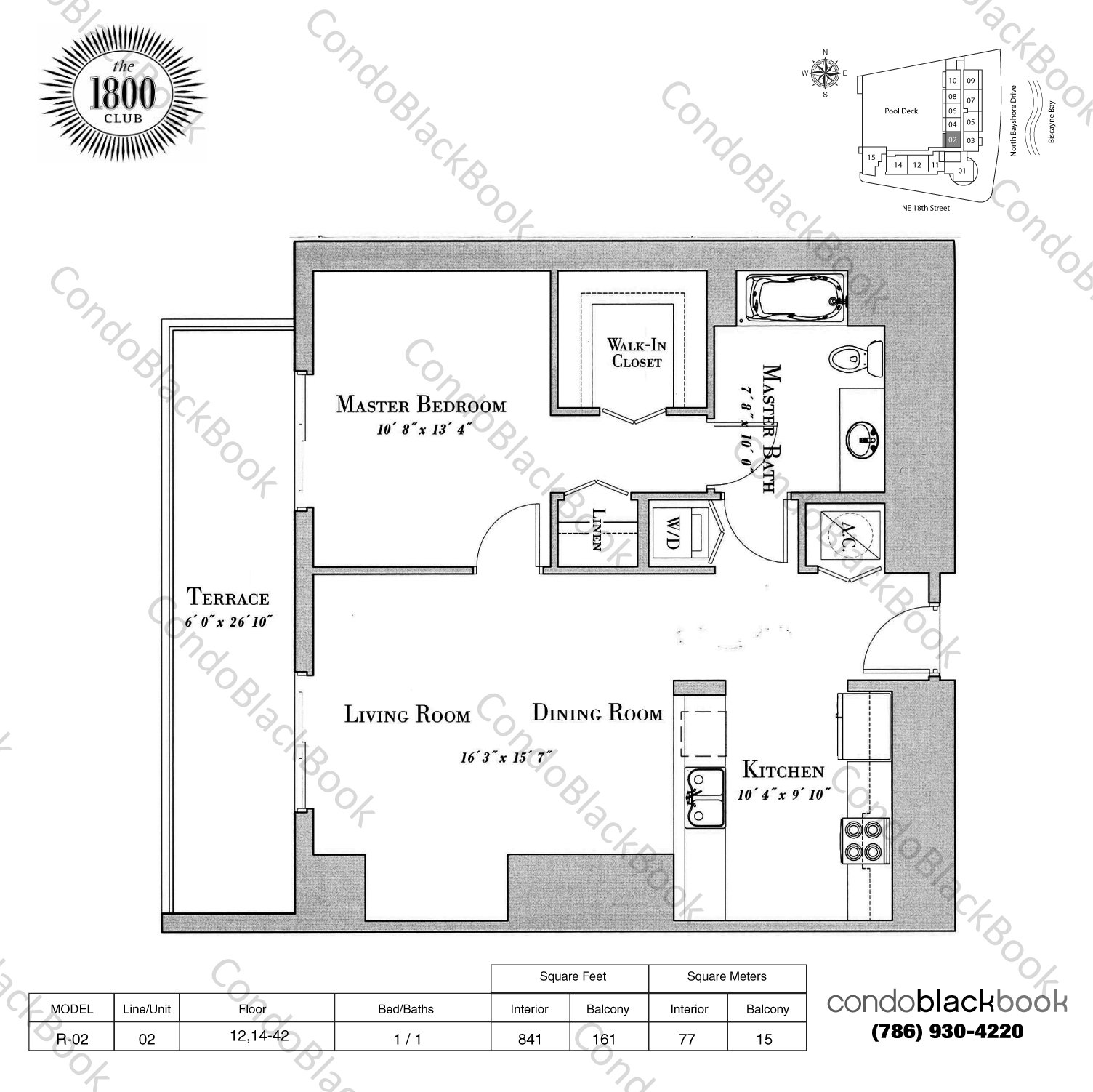 Floor plan for 1800 Club Edgewater Miami, model R-02, line 02, 1 / 1 bedrooms, 841 sq ft
