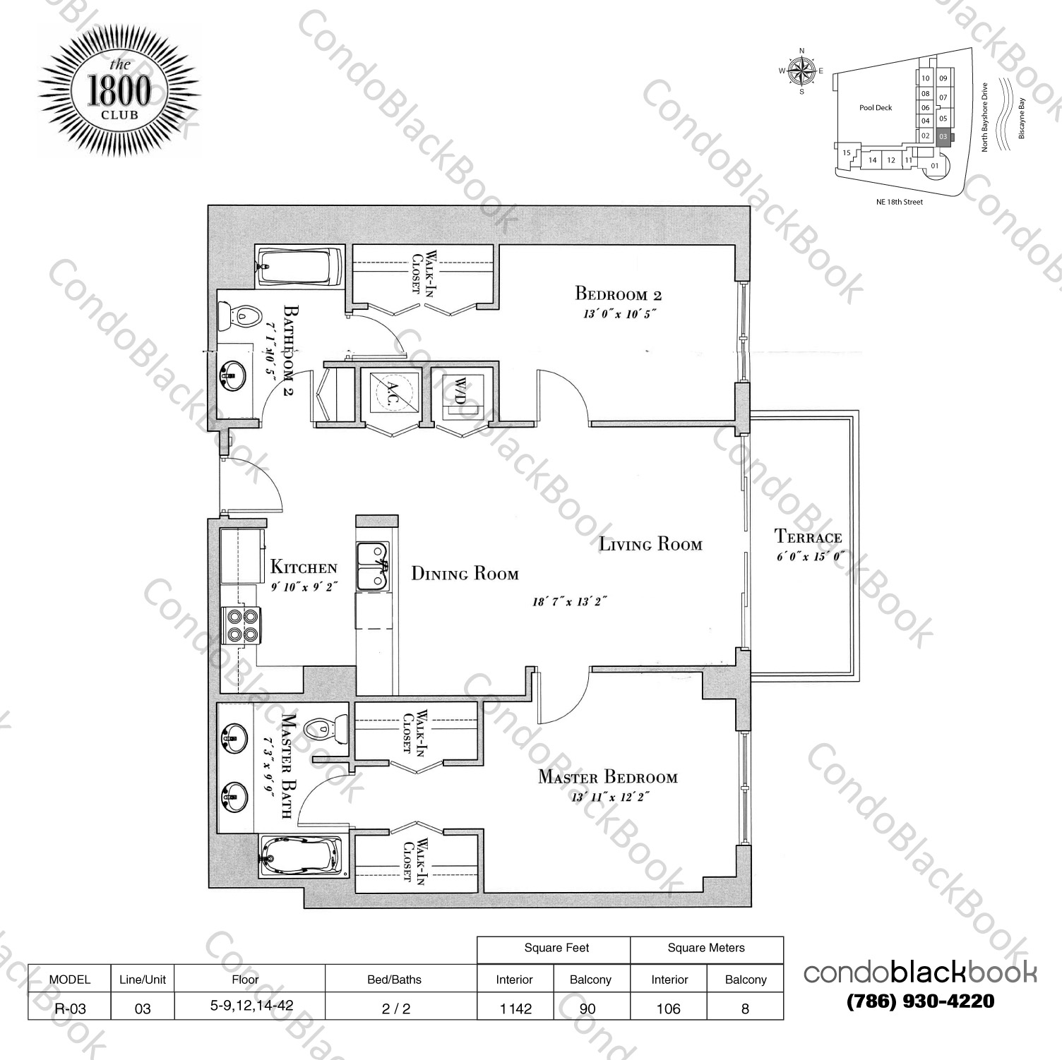 Floor plan for 1800 Club Edgewater Miami, model R-03, line 03, 2 / 2 bedrooms, 1142 sq ft