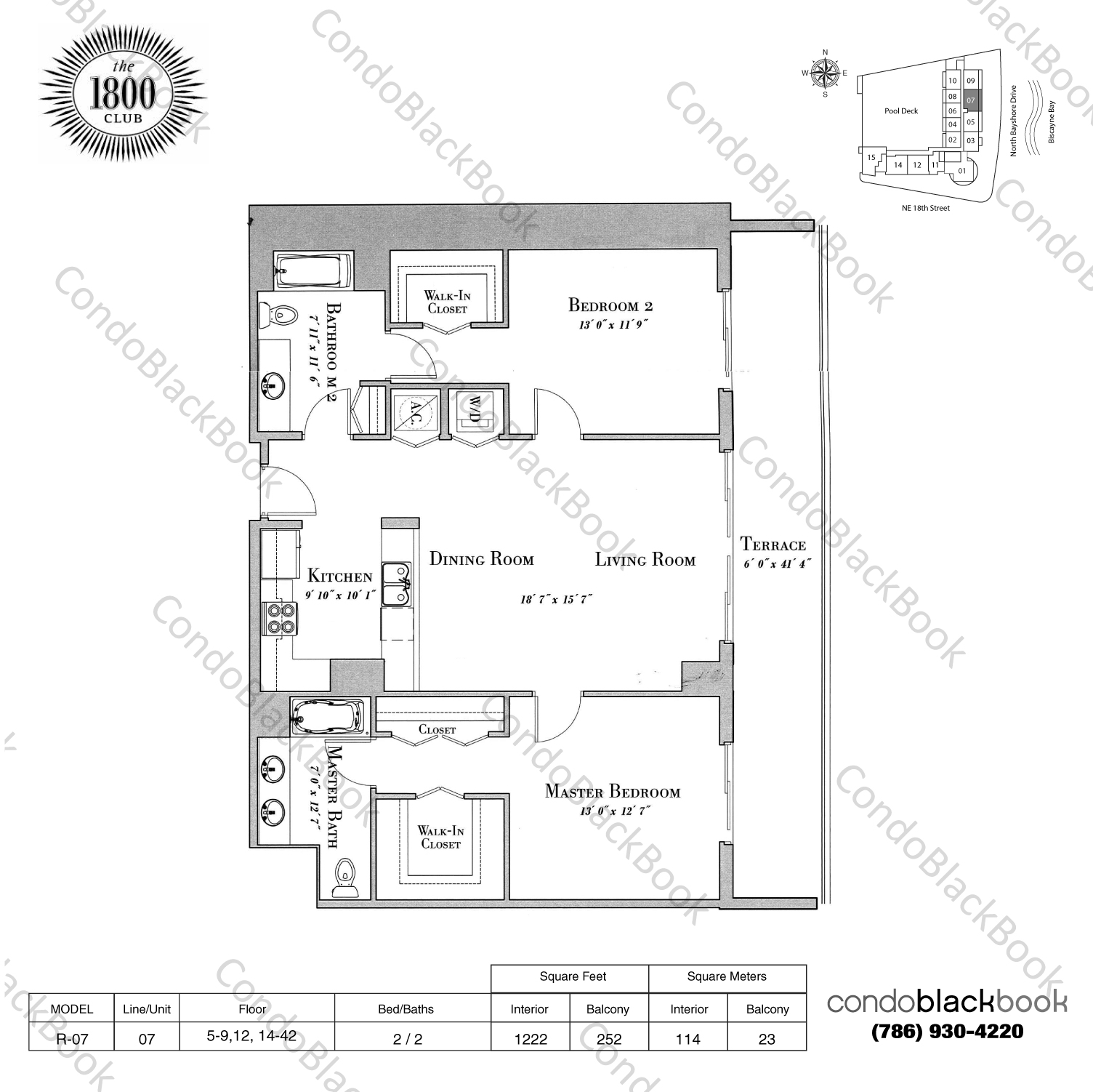 Floor plan for 1800 Club Edgewater Miami, model R-07, line 07, 2 / 2 bedrooms, 1222 sq ft