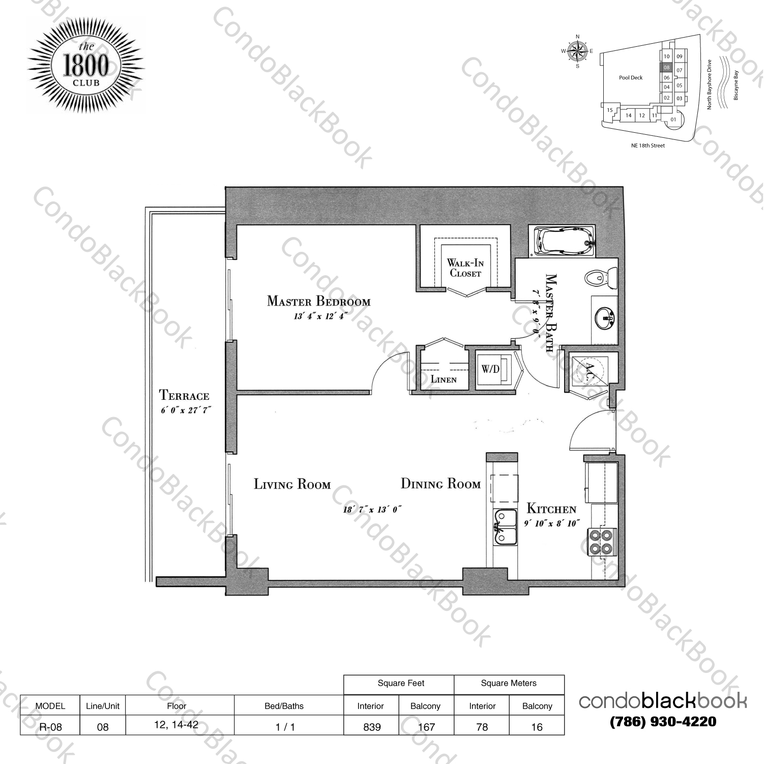 Floor plan for 1800 Club Edgewater Miami, model R-08, line 08, 1 / 1 bedrooms, 839 sq ft